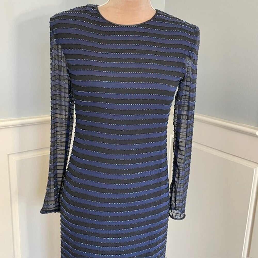 Vintage 100% Silk Beaded Formal Gown Y2K Black & Blue Front Slits Sparkly Size 4 - Picture 3 of 10